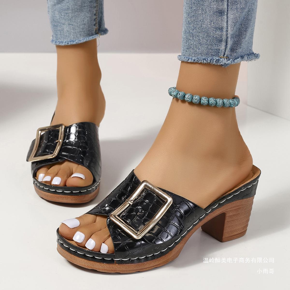 Block heel open toe wedge heel slippers G823