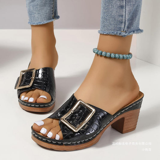 Block heel open toe wedge heel slippers G823