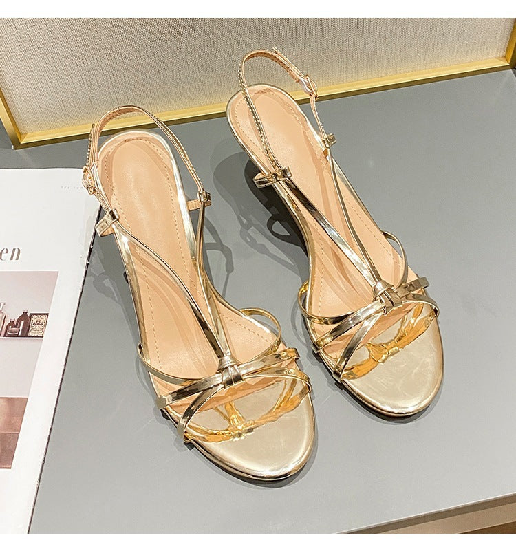 Gold strap high heels for women 2024 new style thin heel temperament women's open toe sandals LD208