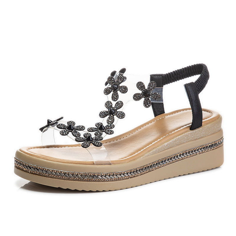 Rhinestone flat sandals 2024 new women's shoes summer versatile heightening thick-soled women's beach sandals H119