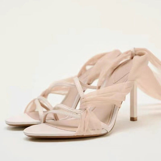 2024 summer new mesh cross strap high heels women sexy round toe stiletto sandals for women LY1054