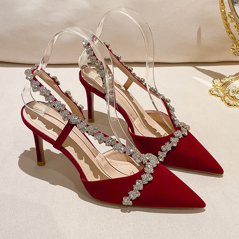 Rhinestone sexy one-strap stiletto high-heeled sandals red wedding shoes CH576