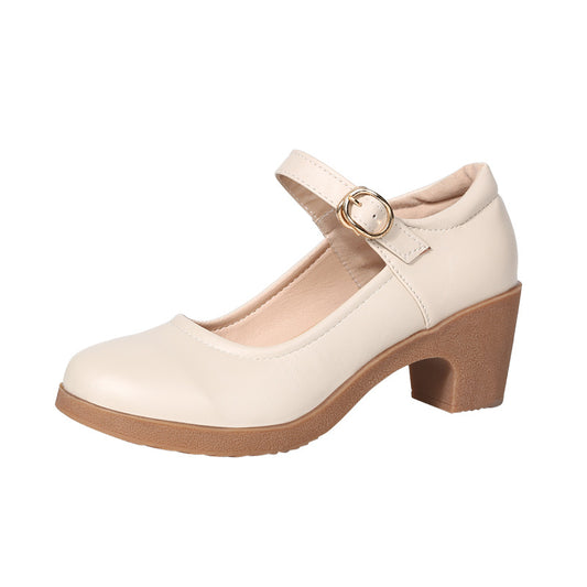 Thick heel buckle cowhide sole mid-heel round toe shallow mouth comfortable shoes CH724