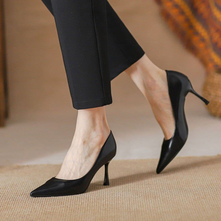 Temperament black pointed high heel leather shoes LY1065
