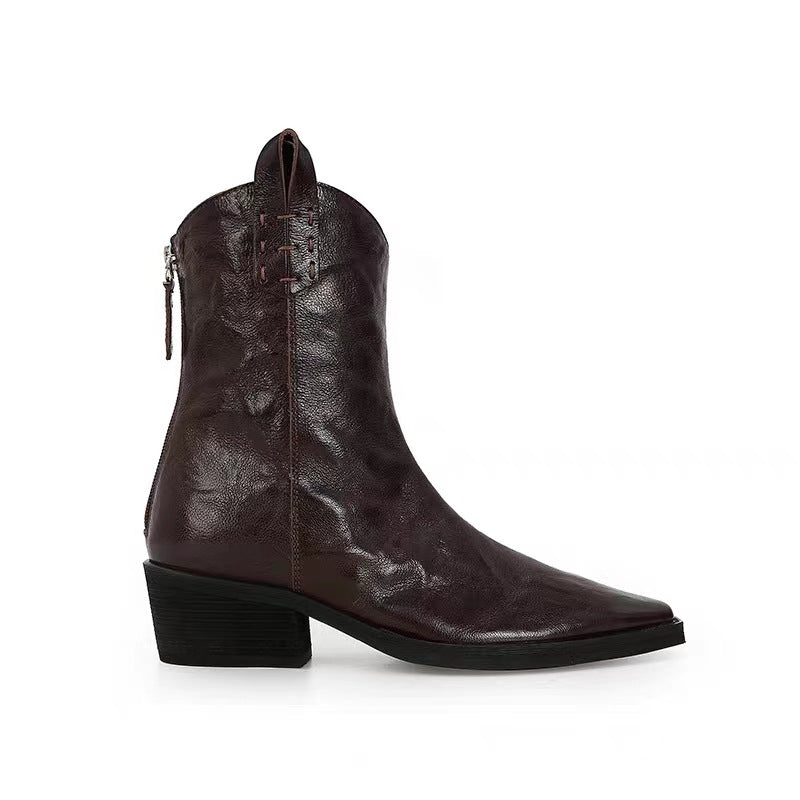 Vintage pointed toe chunky heel wrinkled leather ankle boots CH824