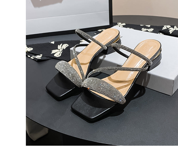 Women's new large size slippers for outerwear fashion widened and fattened summer rhinestone mid-heeled sandals LD410