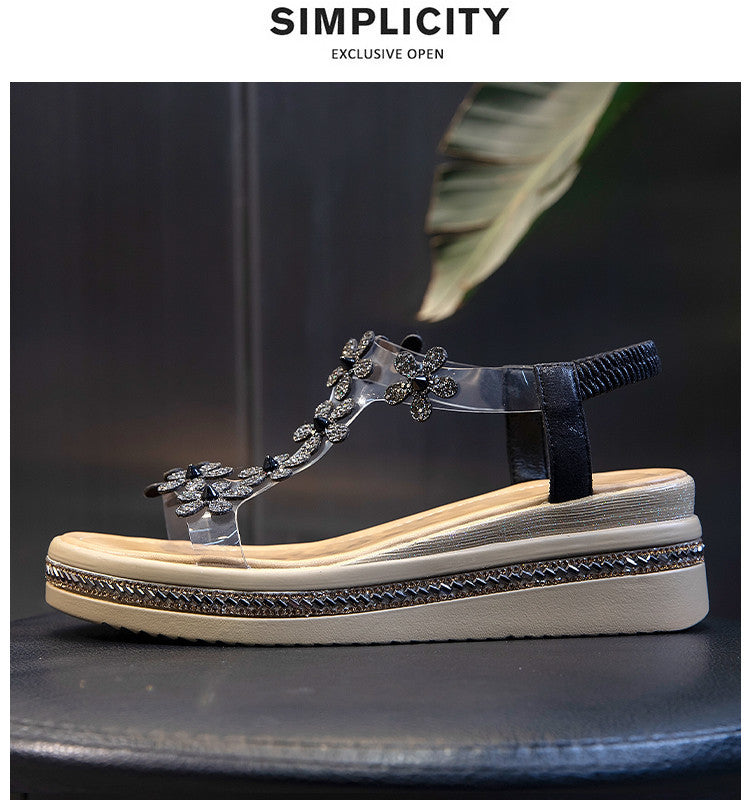Rhinestone flat sandals 2024 new women's shoes summer versatile heightening thick-soled women's beach sandals H119