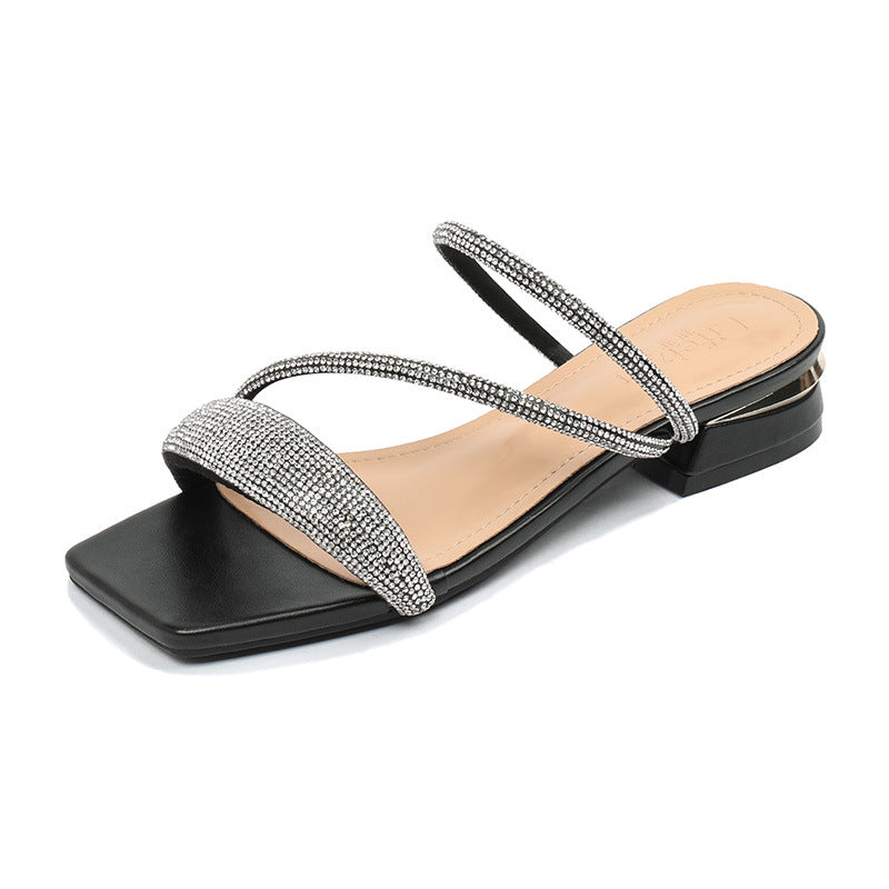 Women's new large size slippers for outerwear fashion widened and fattened summer rhinestone mid-heeled sandals LD410