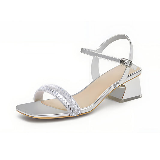 Rhinestone chunky heels 2024 new silver fashion one-word buckle high-heeled sandals V225