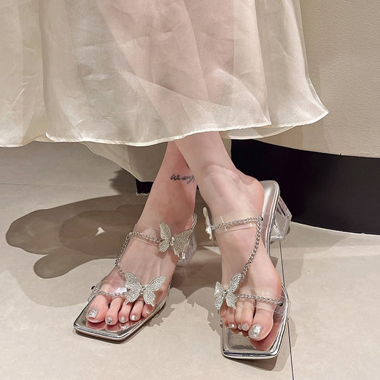 Summer bow rhinestone thick heel transparent silver high heel sandals H147