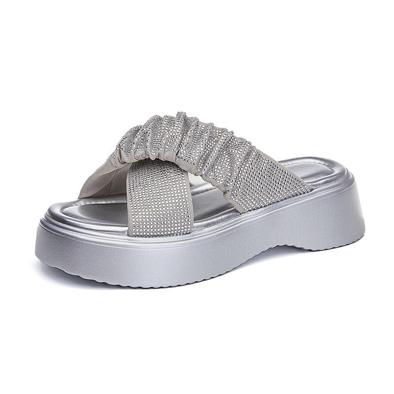 2024 summer new rhinestone beach slippers casual fashion half-slip thick-soled women's shoes LD434