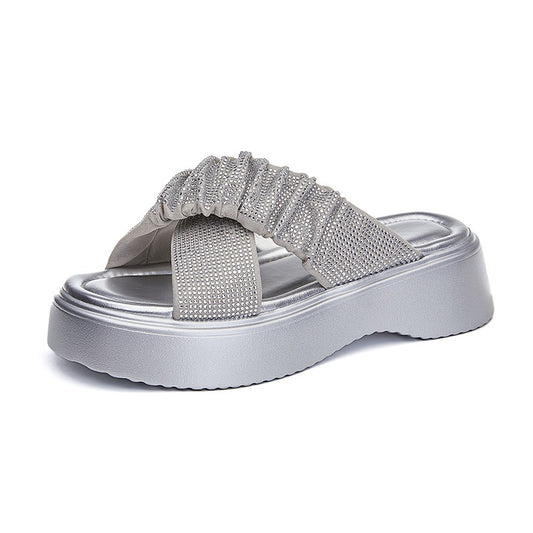 2024 summer new rhinestone beach slippers casual fashion half-slip thick-soled women's shoes LD434