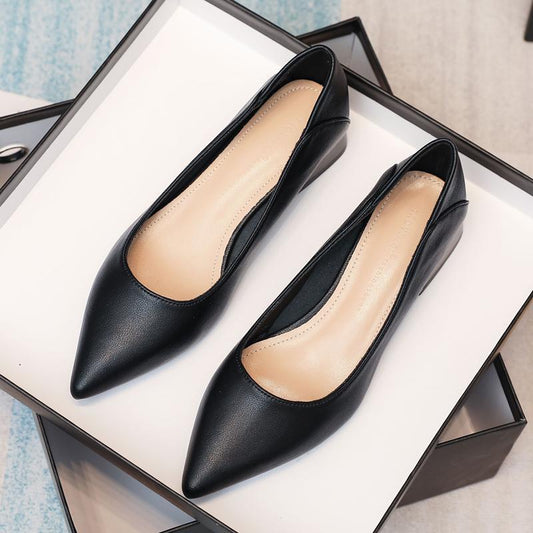 2024 Spring Chunky Heel Pointed Toe Simple All-match Low Heel Soft Leather Shoes  MQ057