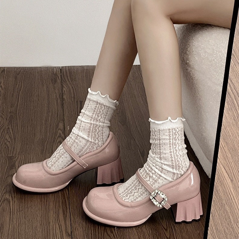 Pink thick heel high heels women 2024 new summer French style small leather shoes LD271
