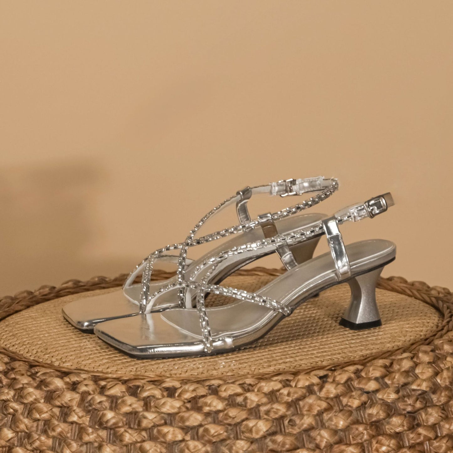 Stiletto cross rhinestone sandals high-end 2024 summer square head exquisite high heels LD321