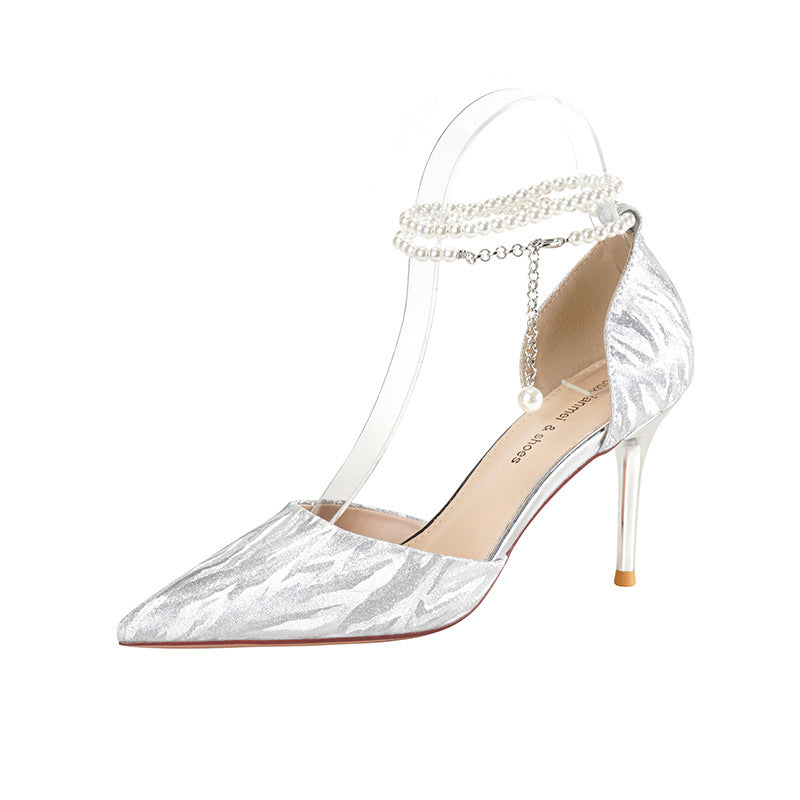 French style gentle pearl shiny microfiber one-strap hollow stiletto high heels wedding shoes H142
