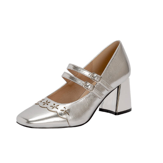 2024 Spring New Silver French Retro One-buckle Square Head High Heels FD227