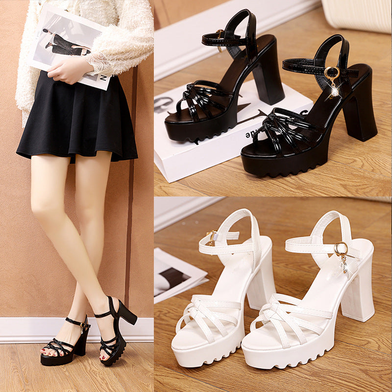 Thick heel waterproof platform thin strap soft leather comfortable height-increasing women's shoes LY1139