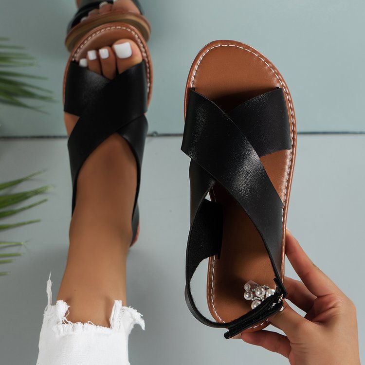 Large size cross strap flat sandals open toe beach sandals AM005