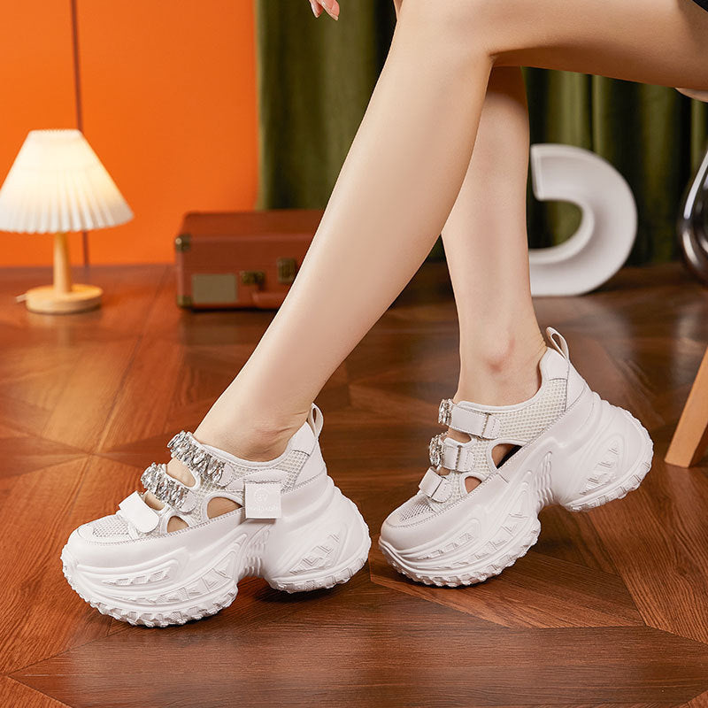 Thick-soled dad shoes for women 2024 new summer hollow mesh breathable shoes rhinestones fashionable casual sandals Ba119
