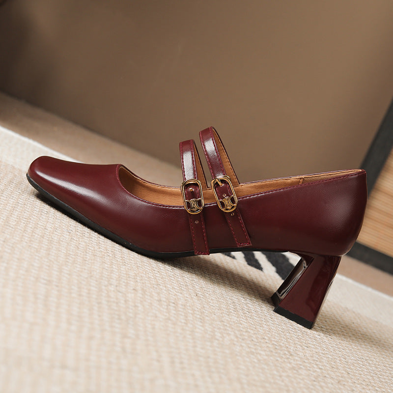 Oil-tanned leather square toe women's thick heel one-strap shallow-mouth single shoes all-match high heels LD315