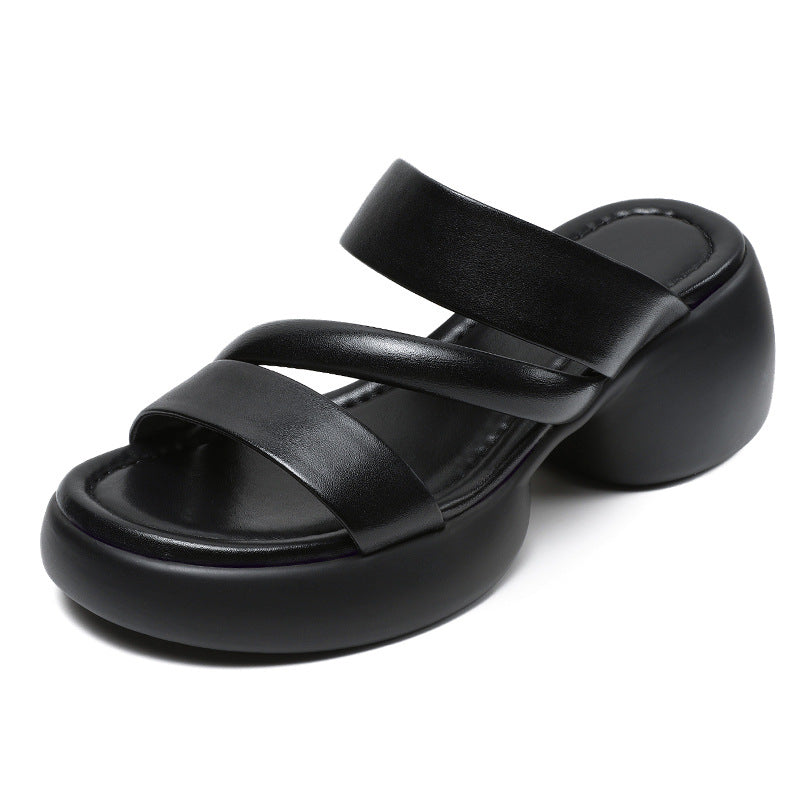 New summer high-heeled genuine leather outerwear flip flops thick-soled sandals JC038