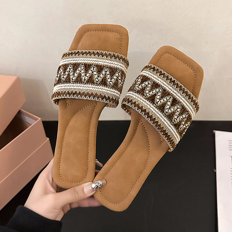 Summer new square toe rhinestone flat casual beach sandals CH729
