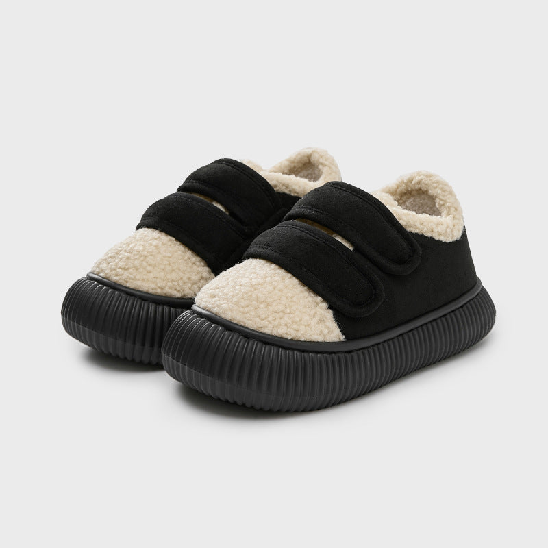 Velcro biscuit shoes for women in winter, thick-soled warm indoor half-slip cotton shoes for outdoor wear, non-slip home cotton slippers PR157