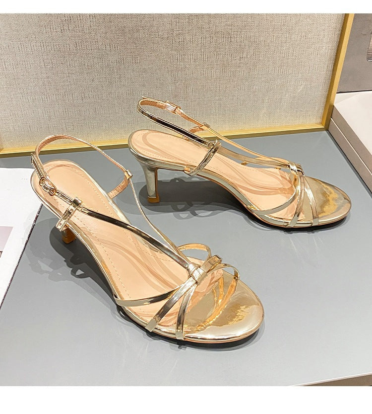 Gold strap high heels for women 2024 new style thin heel temperament women's open toe sandals LD208