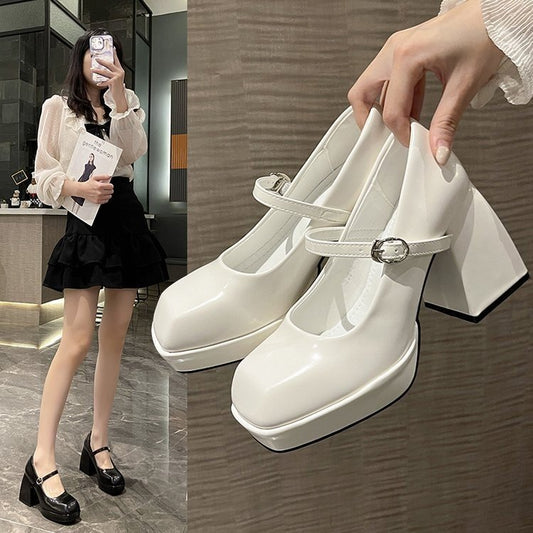 Summer new square toe shallow buckle thick heel high heel leather shoes PR115