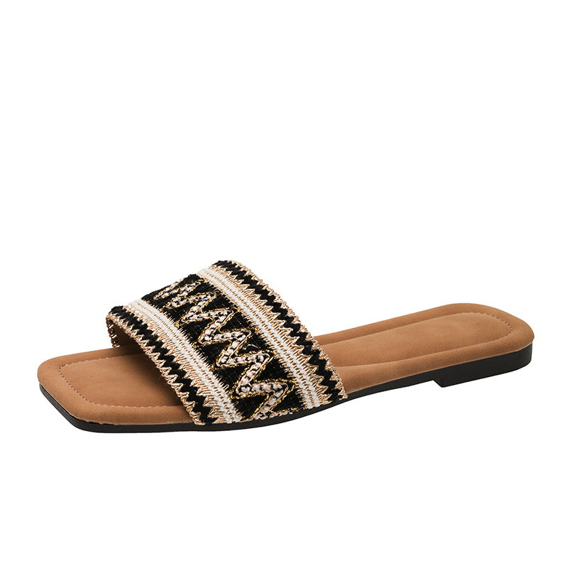 Summer new square toe rhinestone flat casual beach sandals CH729