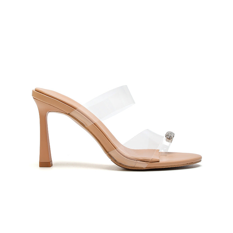 2024 Spring New Round Toe Transparent Rhinestone Buckle Slip-On Sandals V245