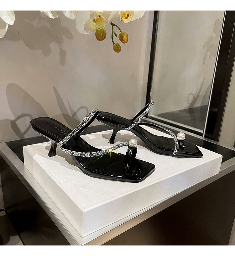 Pearl slip-on slippers with straps for outer wear, new style summer temperament rhinestone high-heeled sandals G498