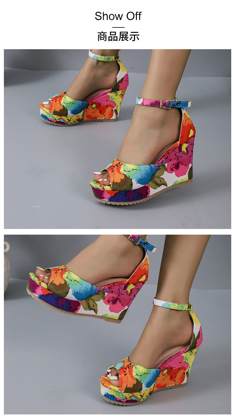New wedge heel thick bottom fish mouth sandals water platform high heels multi-color sandals G473