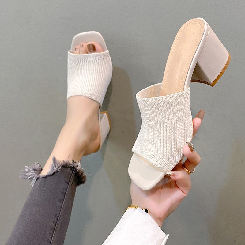 2024 New Women's Knitted High Heel Square Toe Sandals JC034