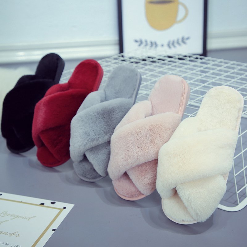 Women's cross open toe fur slippers flat cotton slippers G867