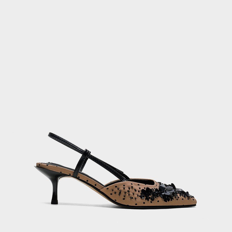 Pointed toe shallow mouth beaded sequined high heels with a buckle strap and stiletto heel sandals JC037