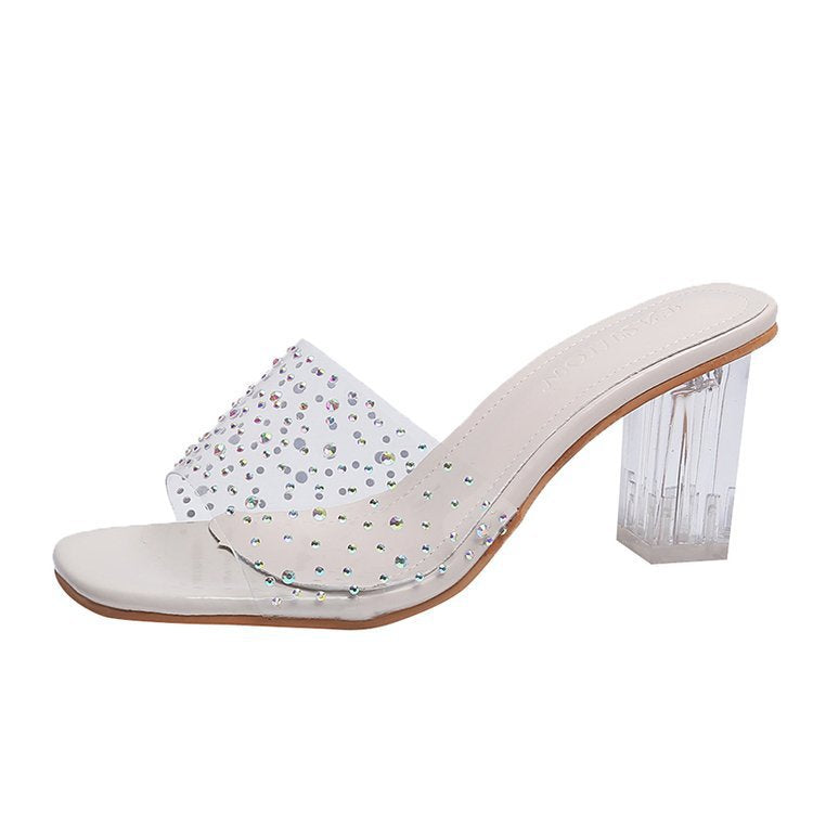 Fashionable high-heeled women's shoes with thick heels and transparent rhinestones CH713