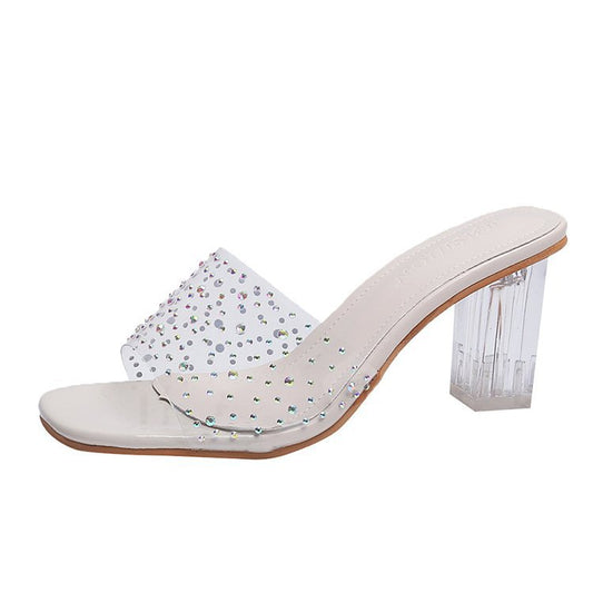 Fashionable high-heeled women's shoes with thick heels and transparent rhinestones CH713