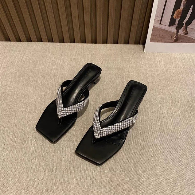 2024 summer new rhinestone flip flops temperament French style small high heel sandals LD106