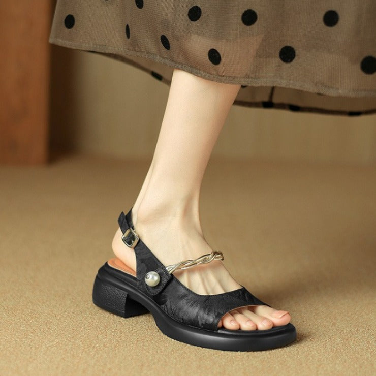 New Chinese style round toe thick-soled sandals for women 2024 summer new thick-heeled women's shoes G581