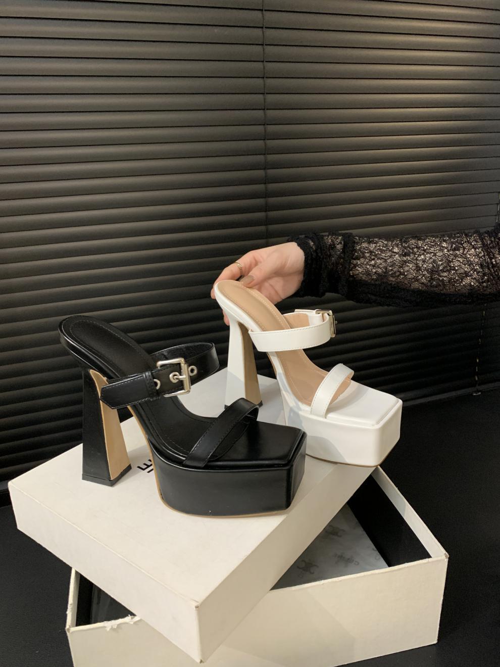 2024 new waterproof platform belt buckle square head thick high heel super high heel sandals V239
