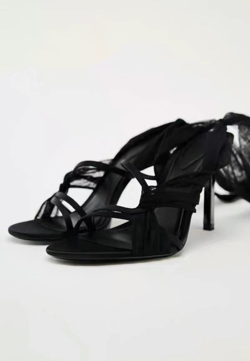 2024 summer new mesh cross strap high heels women sexy round toe stiletto sandals for women LY1054