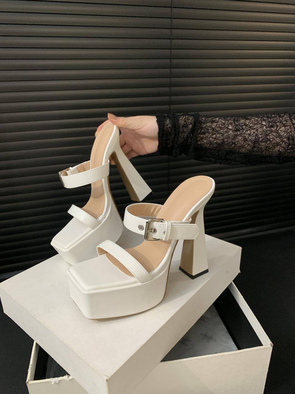 2024 new waterproof platform belt buckle square head thick high heel super high heel sandals V239
