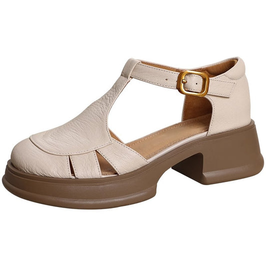 Thick-soled thick-heeled genuine leather toe-cap sandals for women summer fashion retro hollow T-strap Roman shoes PR106