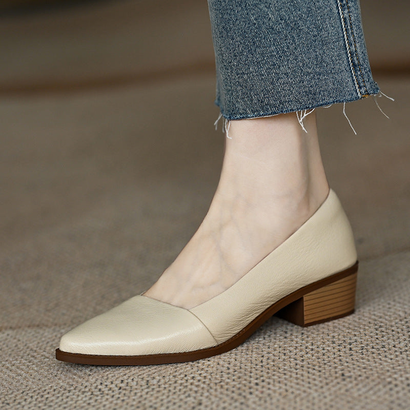 New soft leather shallow mouth pointed toe thick heel apricot women's high heels LY1066