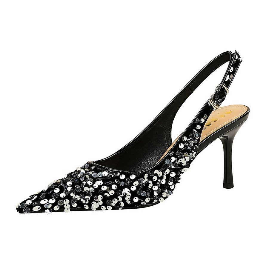 Party high heels women's shoes shallow mouth pointed toe hollow sequins shoes CH812