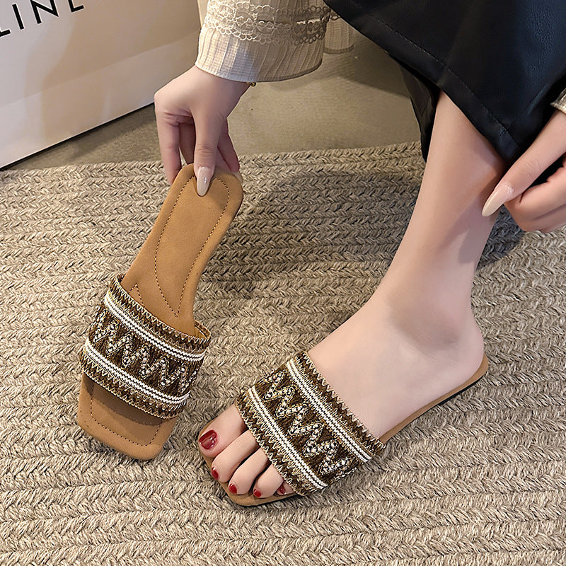 Summer new square toe rhinestone flat casual beach sandals CH729