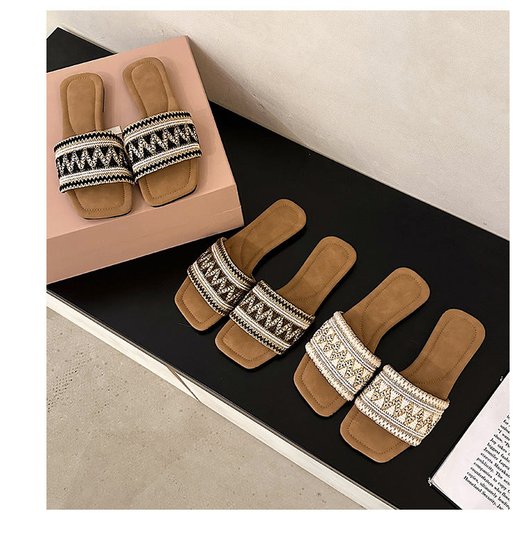 Summer new square toe rhinestone flat casual beach sandals CH729