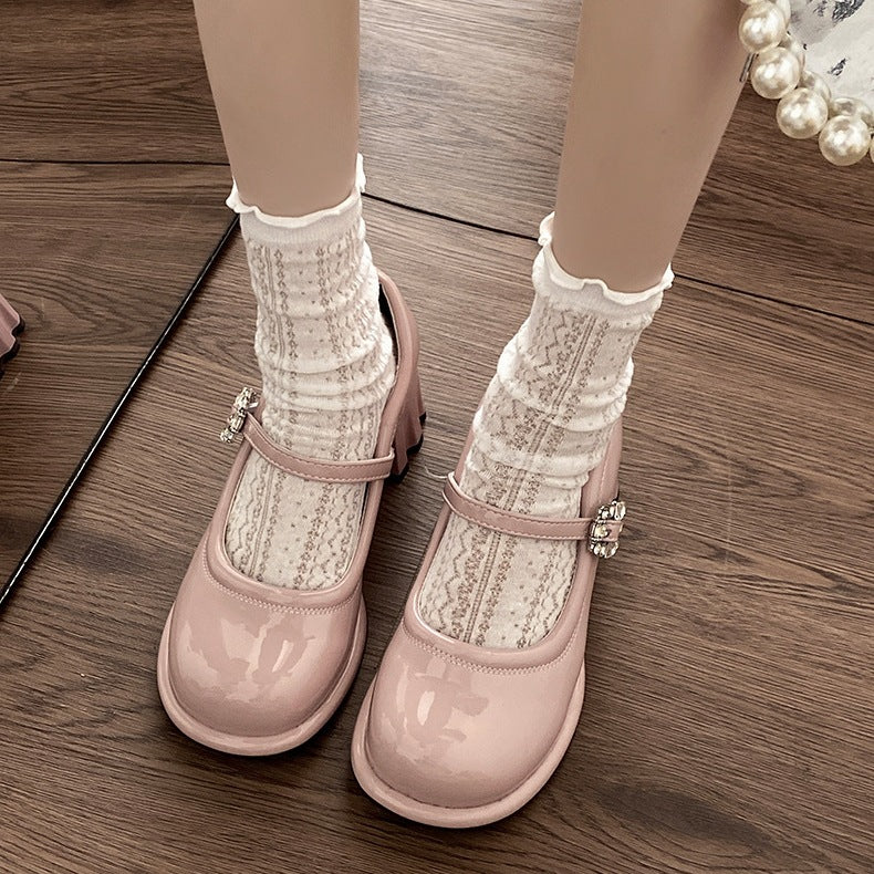 Pink thick heel high heels women 2024 new summer French style small leather shoes LD271
